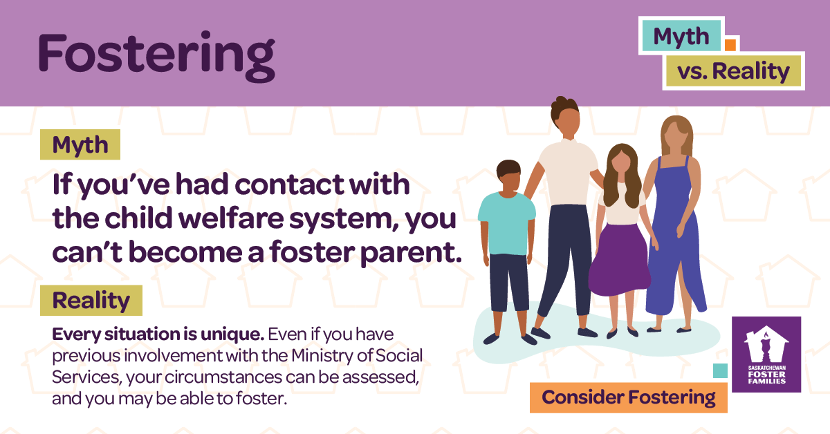 Fostering Myth vs Reality - Myth: If you've had contact with the child welfare system, you can't become a foster parent. Reality: Every situation is unique. Even if you have previous involvement with the Ministry of Social Services, your circumstances can be assessed, and you may be able to foster. Consider fostering.